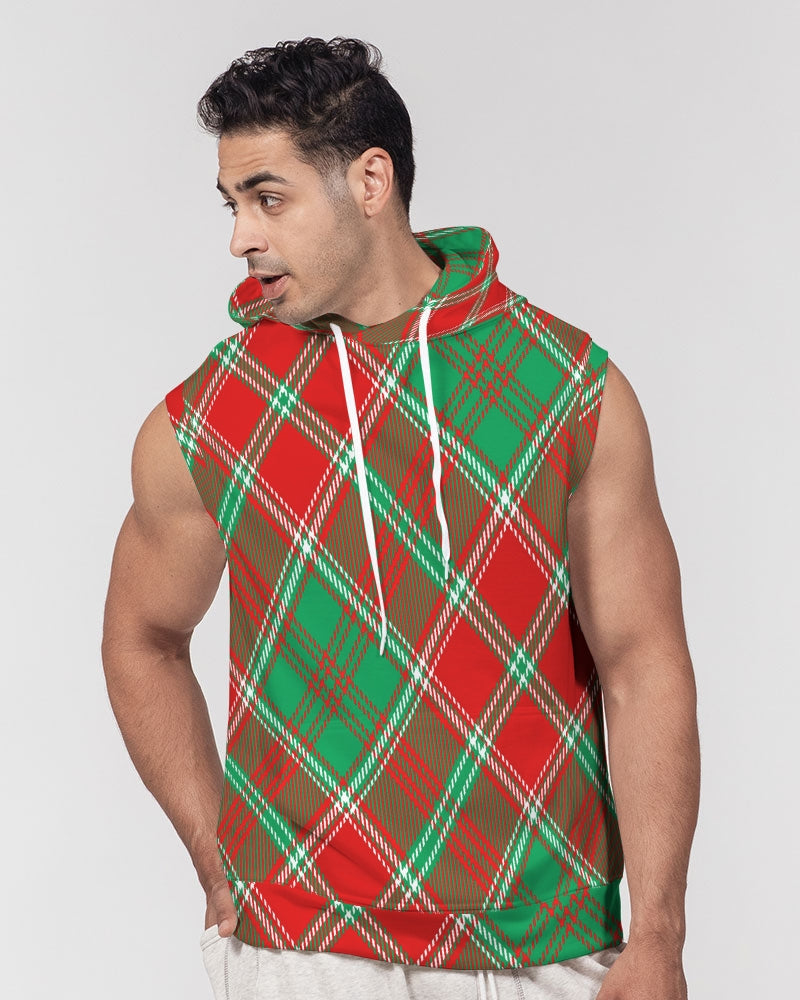 Red & Green cross pattern Men's All-Over Print Heavyweight Sleeveless Hoodie