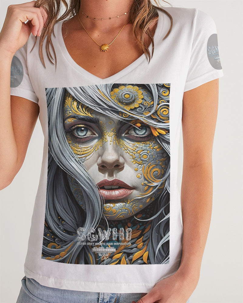 Sweet Silver Yellow Flower Grey Hair sister.[Part three] Women's All-Over Print V-Neck Tee