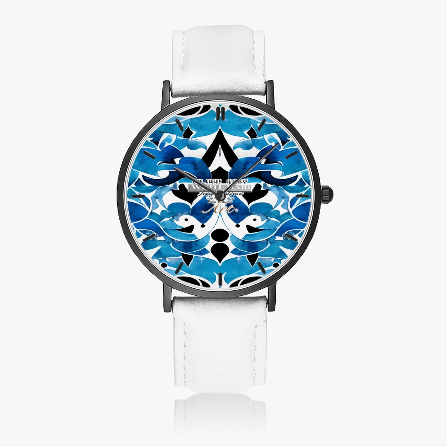 Blue abstract pattern Hot Selling Ultra-Thin Leather Strap Quartz Watch (Black With Indicators)