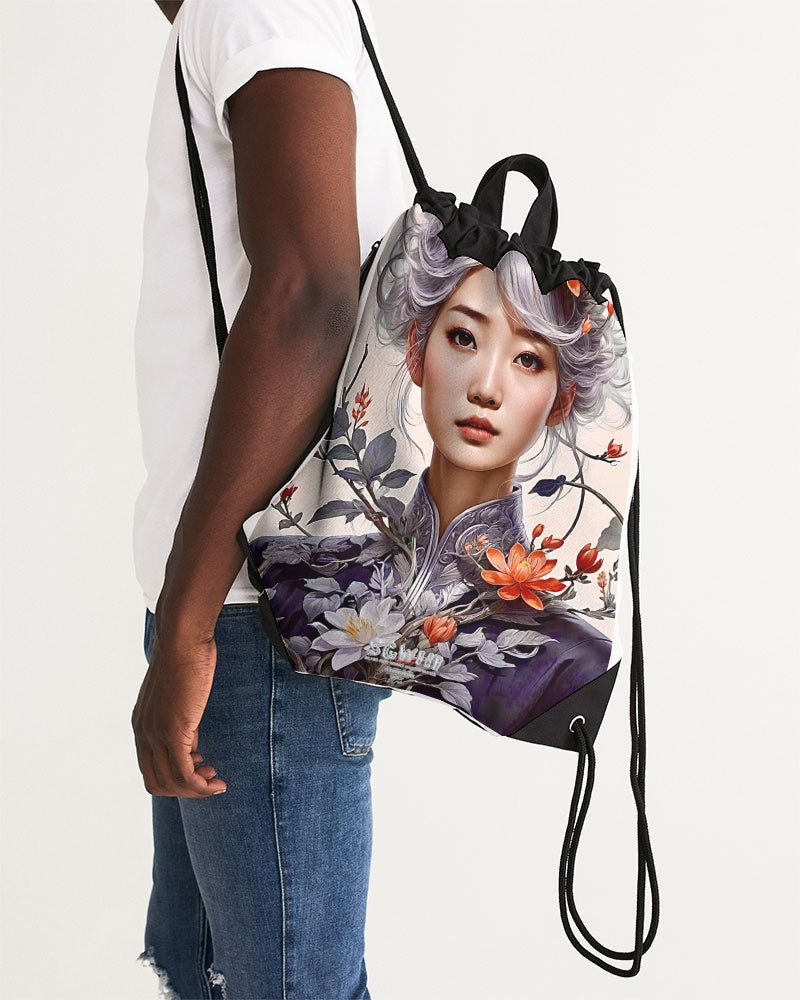 Beautiful Asian woman grey hair blossom Canvas Drawstring Bag