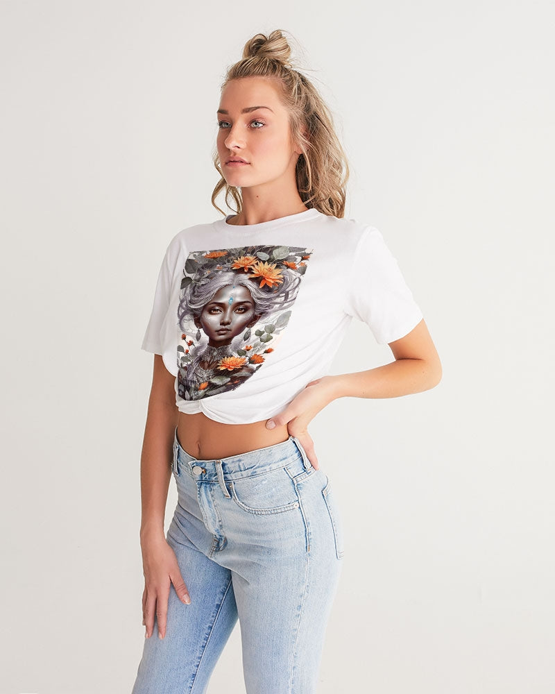 Blossom Indian Grey sister Women's All-Over Print Twist-Front Cropped Tee