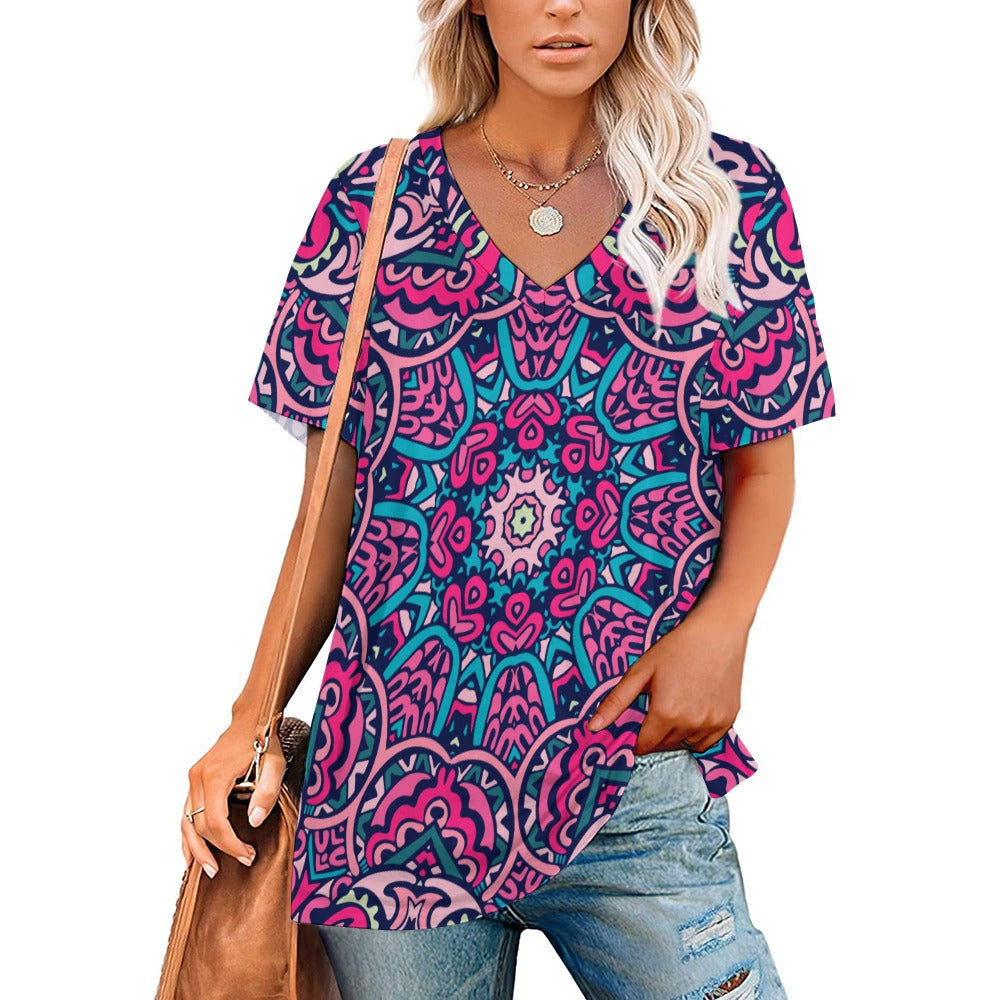 2024 New V Neck Short-sleeve Women Shirt Printed