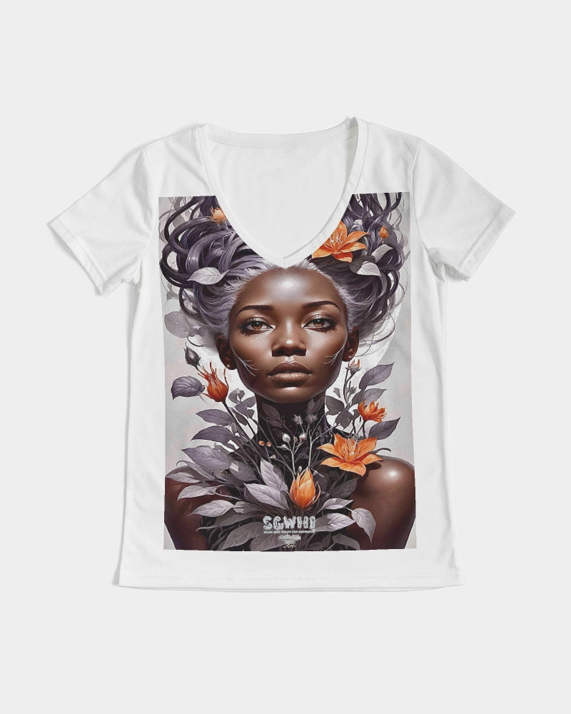 Beautiful black silver grey hair blossom women Women's All-Over Print V-Neck Tee