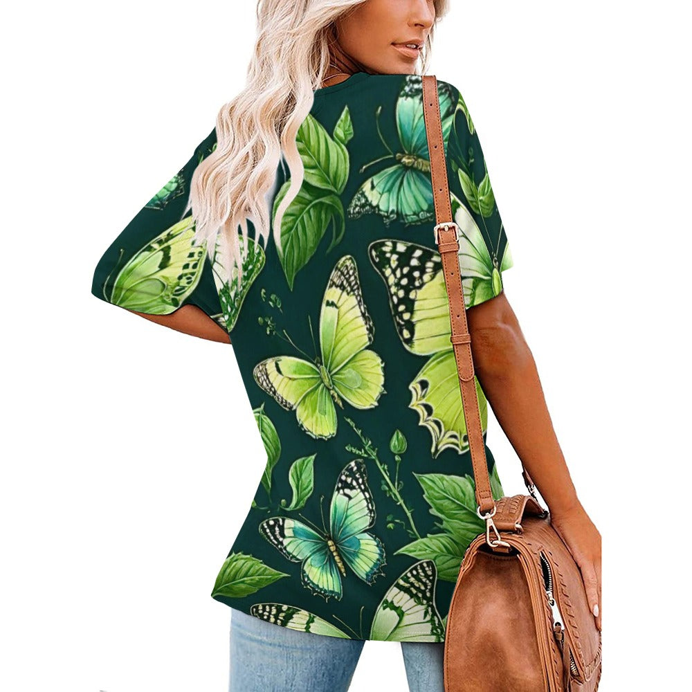 2024 New V Neck Short-sleeve Women Shirt Printed