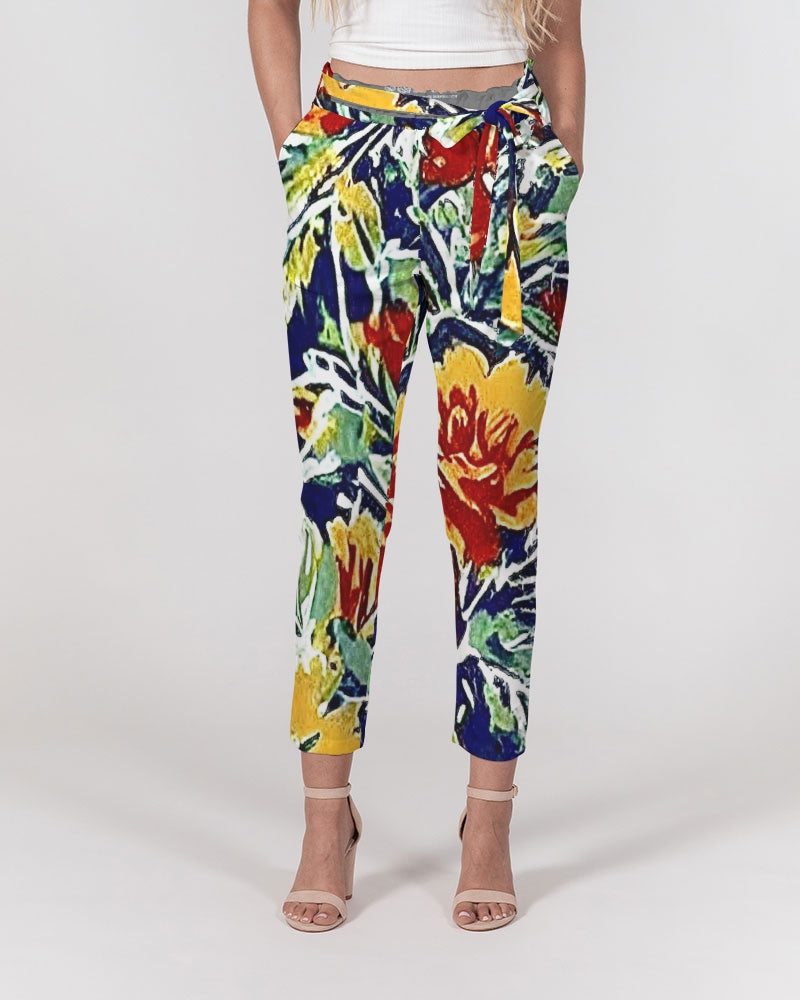 Painted flower design Women's All-Over Print Belted Tapered Pants