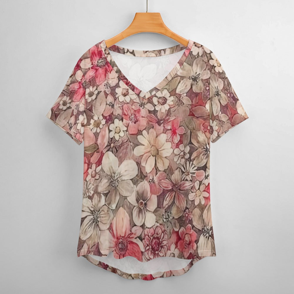 2024 New V Neck Short-sleeve Women Shirt Printed