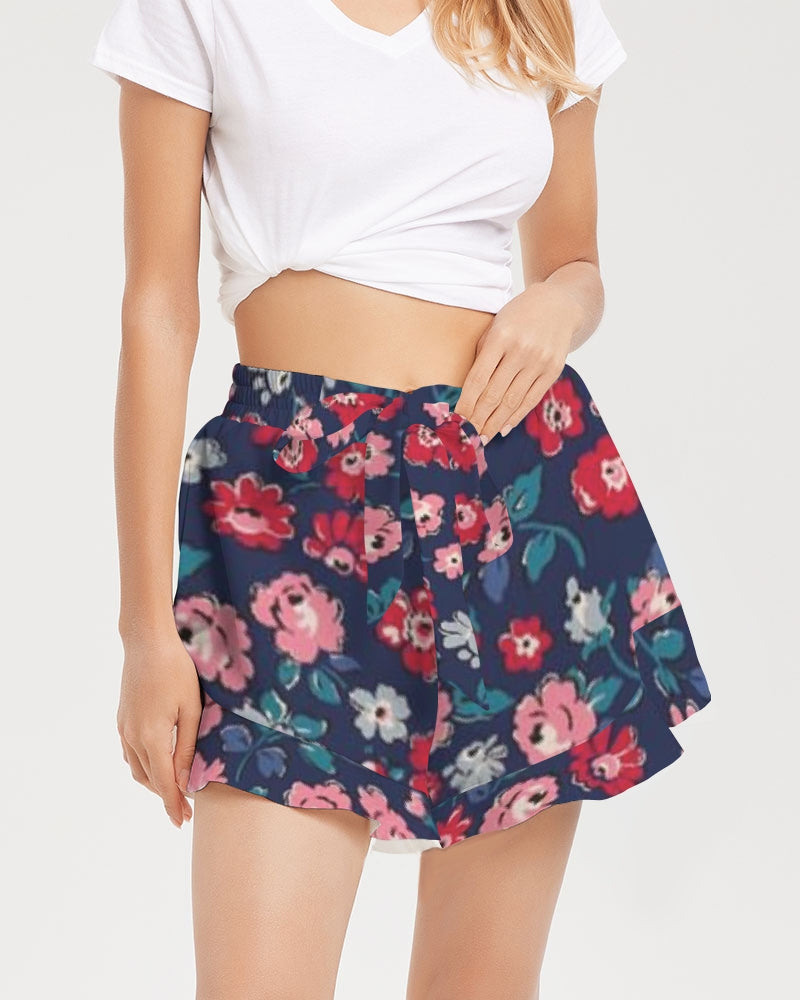 Midnight blue pretty glance.  Women's All-Over Print Ruffle Shorts