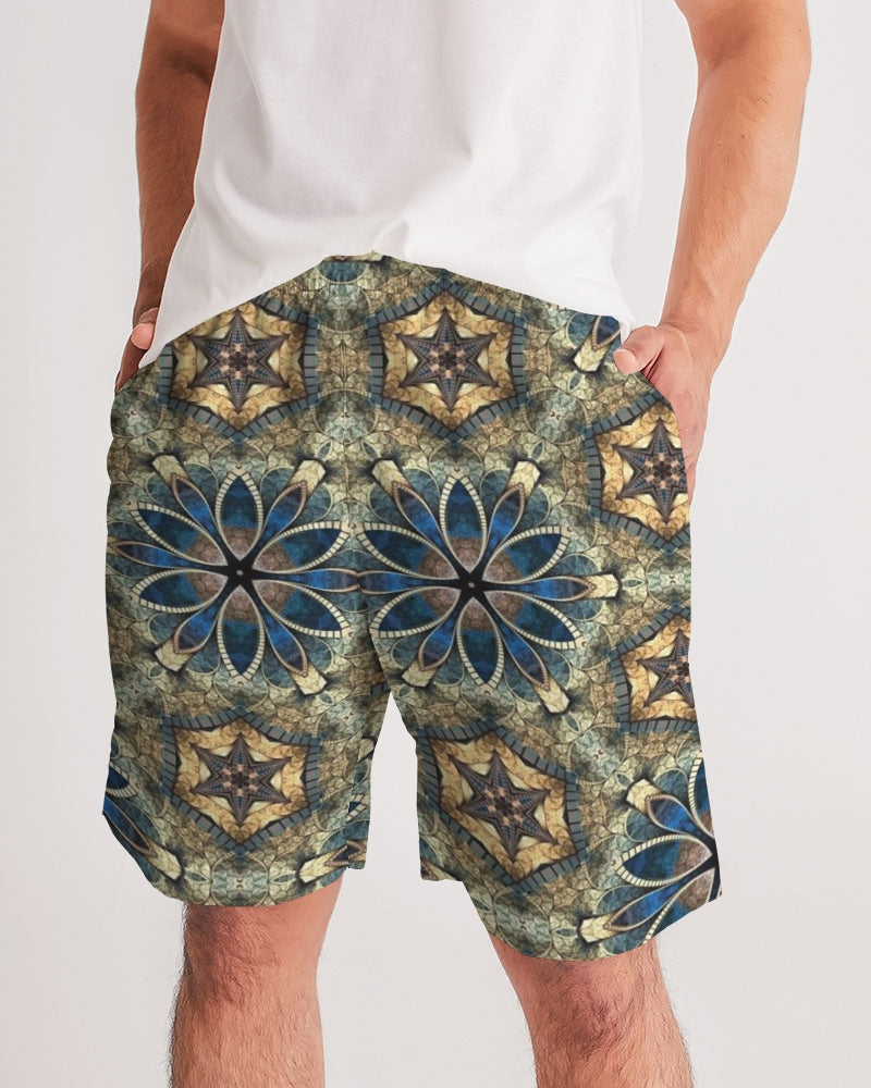 Green & Dark Blue almost star pattern. Men's All-Over Print Jogger Shorts