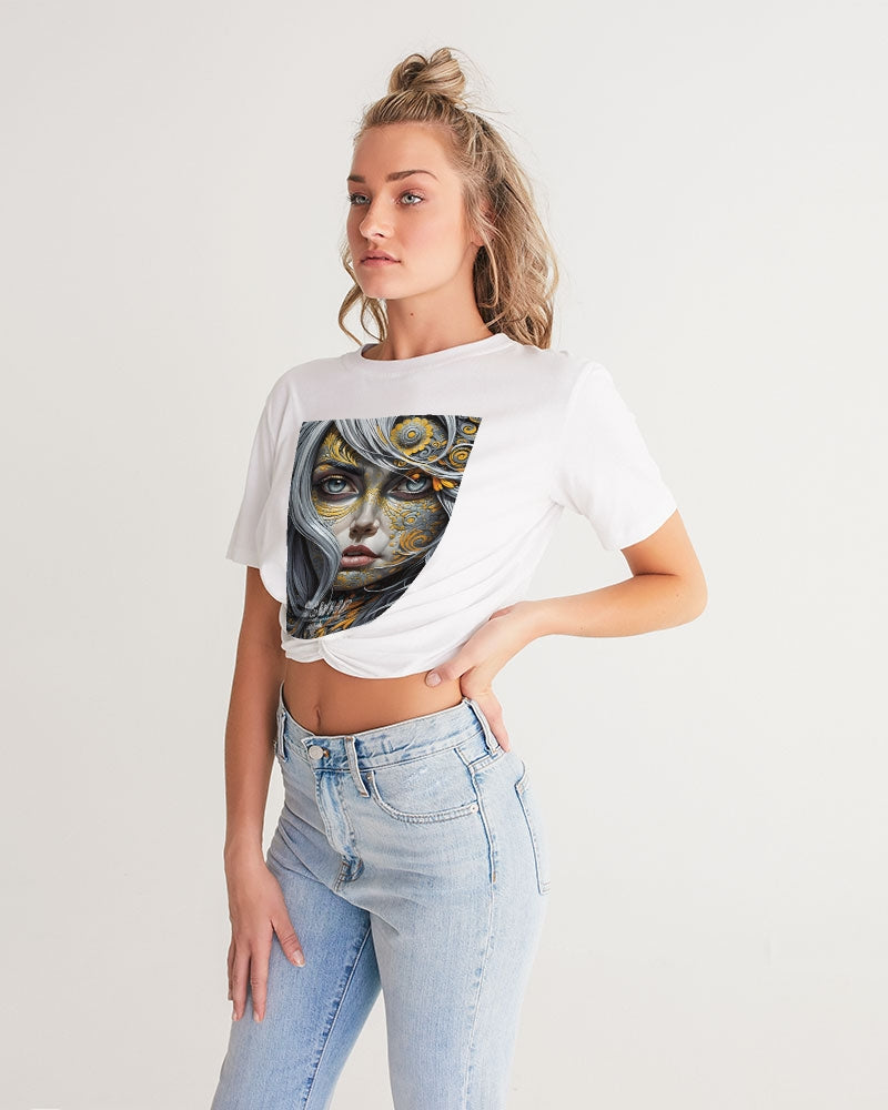 Sweet Silver Yellow Flower Grey Hair sister.[Part three] Women's All-Over Print Twist-Front Cropped Tee