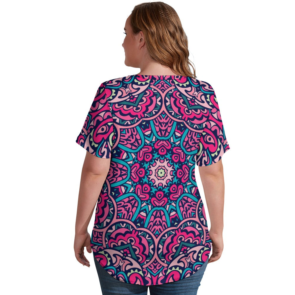 2024 New V Neck Short-sleeve Women Shirt Printed