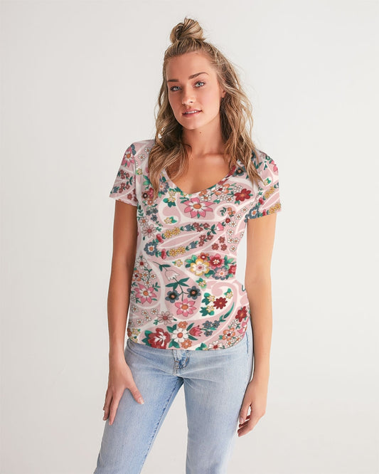 Pink abstract Pretty Sisters Women's All-Over Print V-Neck Tee