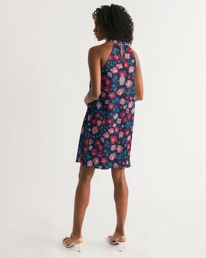 Midnight blue pretty glance.  Women's All-Over Print Halter Dress