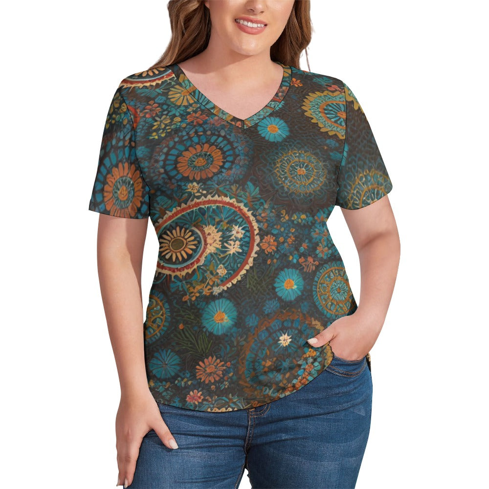 2024 New V Neck Short-sleeve Women Shirt Printed