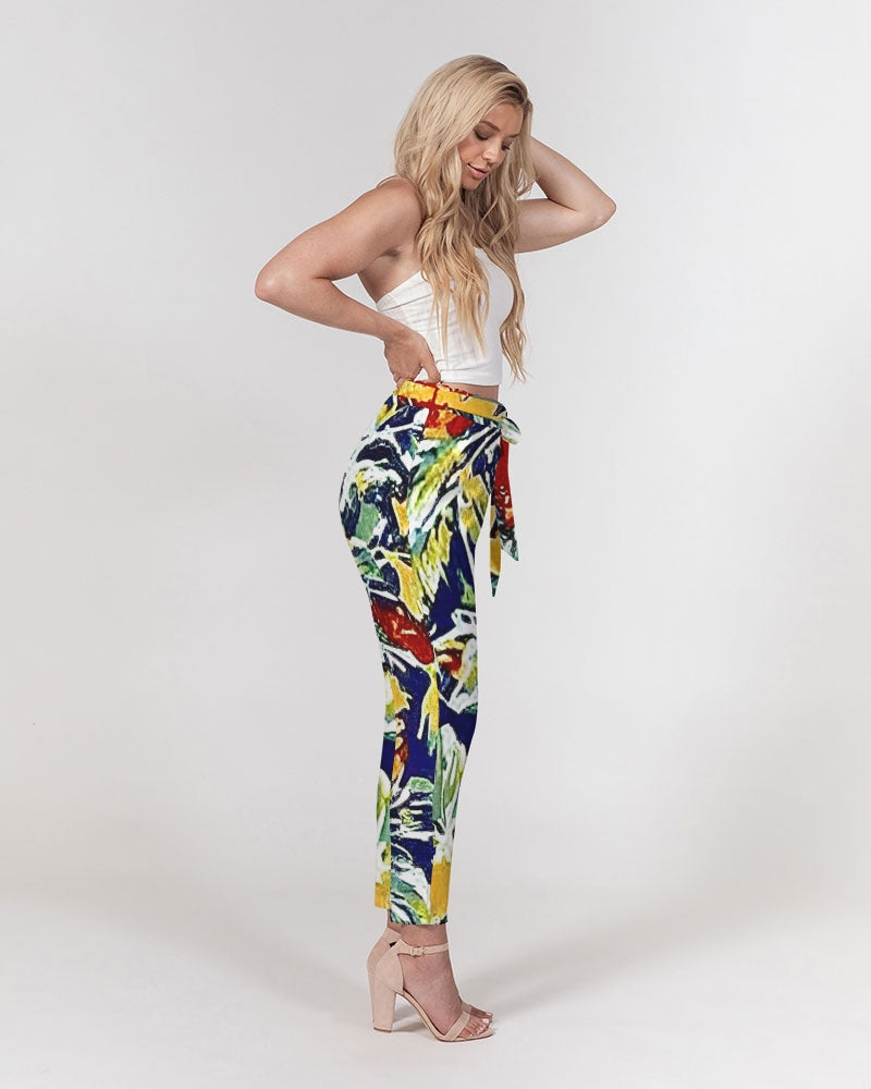 Painted flower design Women's All-Over Print Belted Tapered Pants