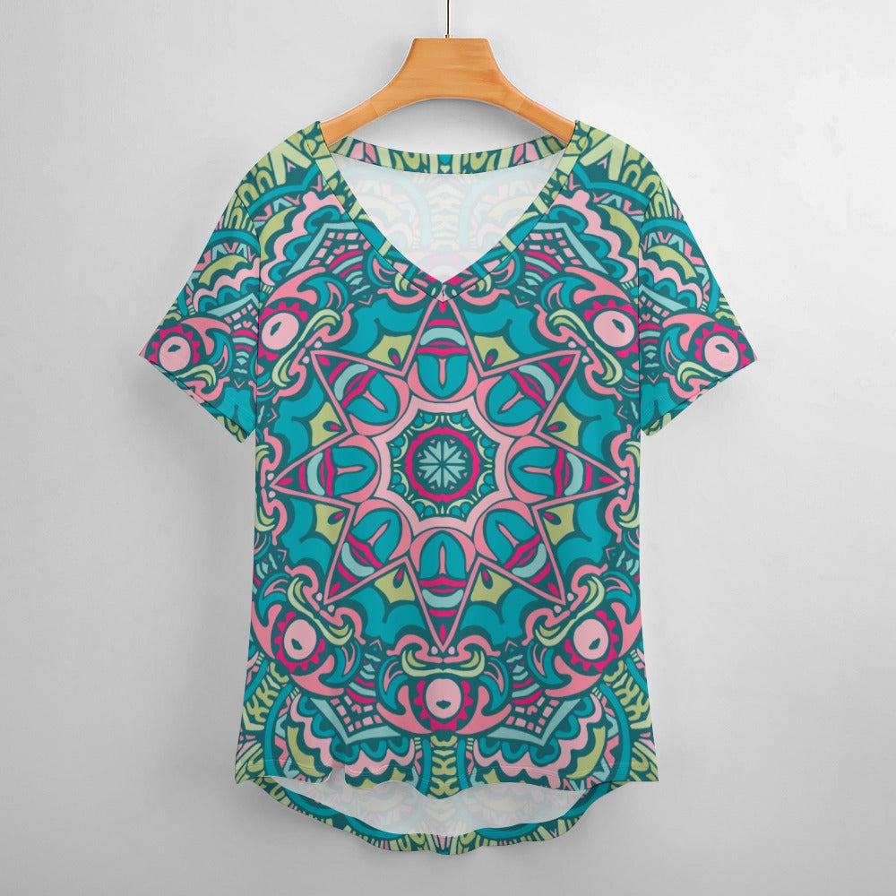 2024 New V Neck Short-sleeve Women Shirt Printed