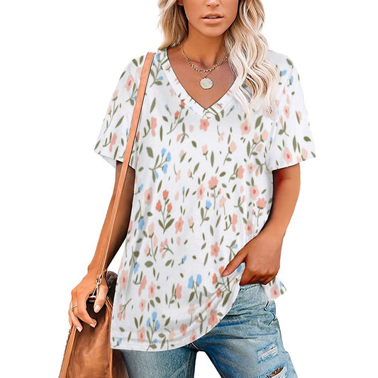 2024 New V Neck Short-sleeve Women Shirt Printed