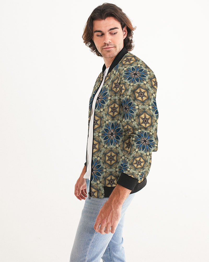 Green & Dark Blue almost star pattern. Men's All-Over Print Bomber Jacket