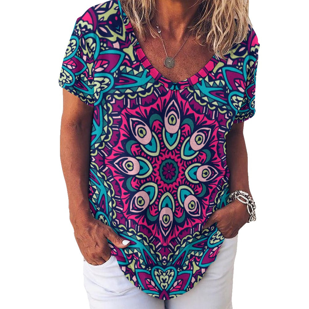 2024 New V Neck Short-sleeve Women Shirt Printed