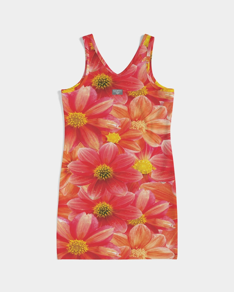 Beautiful blood orange flower design Women's All-Over PrintRib Knit V Neck Mini Dress