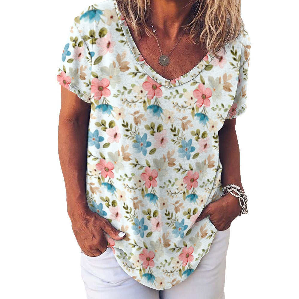 2024 New V Neck Short-sleeve Women Shirt Printed