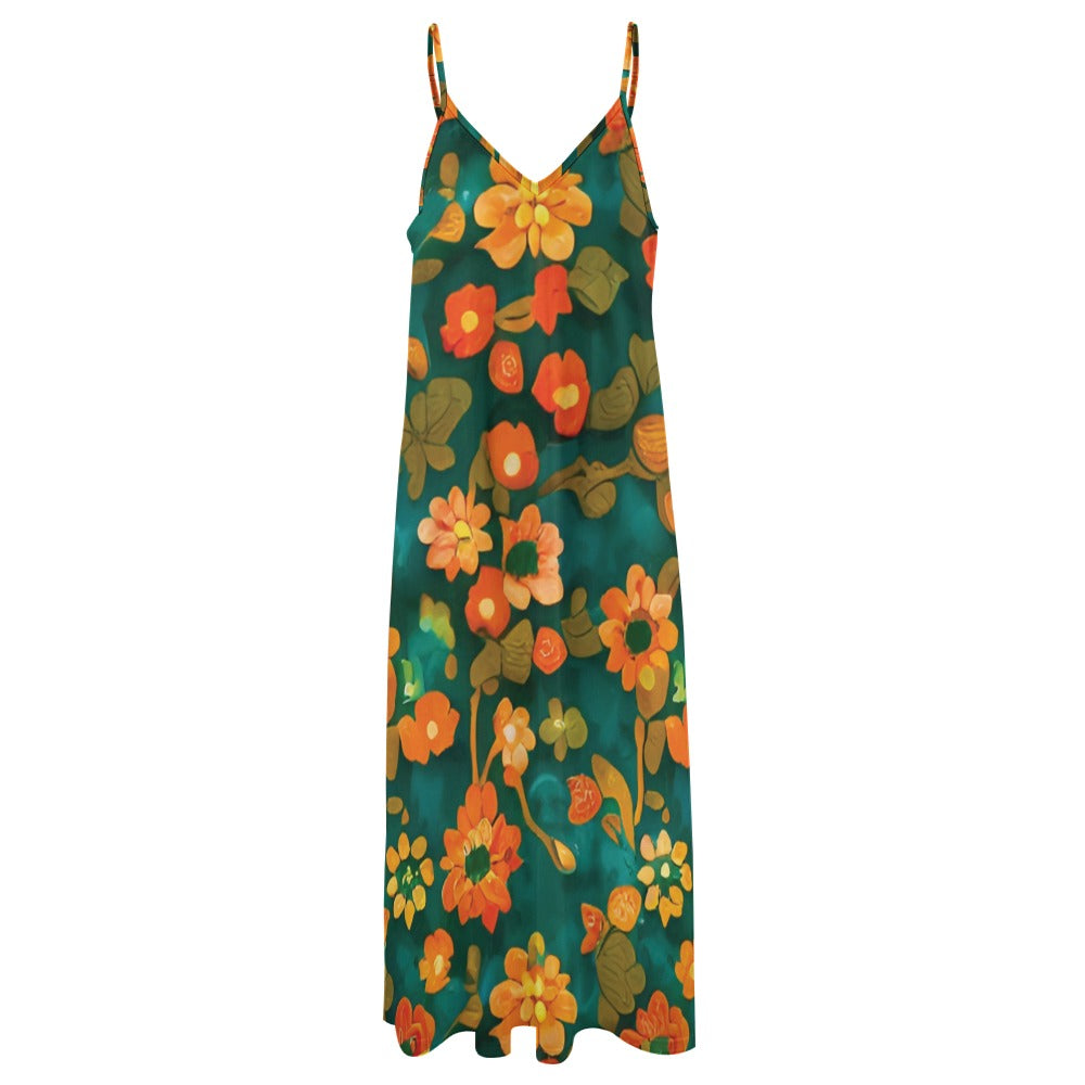 Orange flower and green Sling Ankle Long Dress