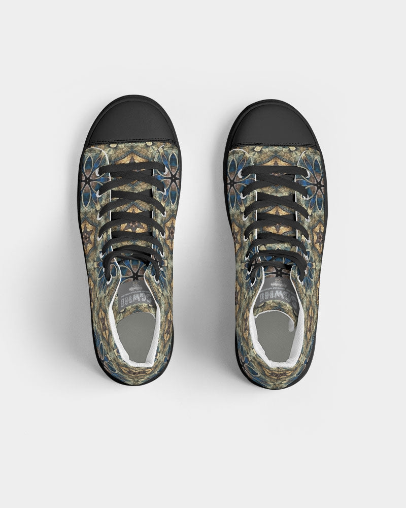 Green & Dark Blue almost star pattern. Men's Hightop Canvas Shoe - Black