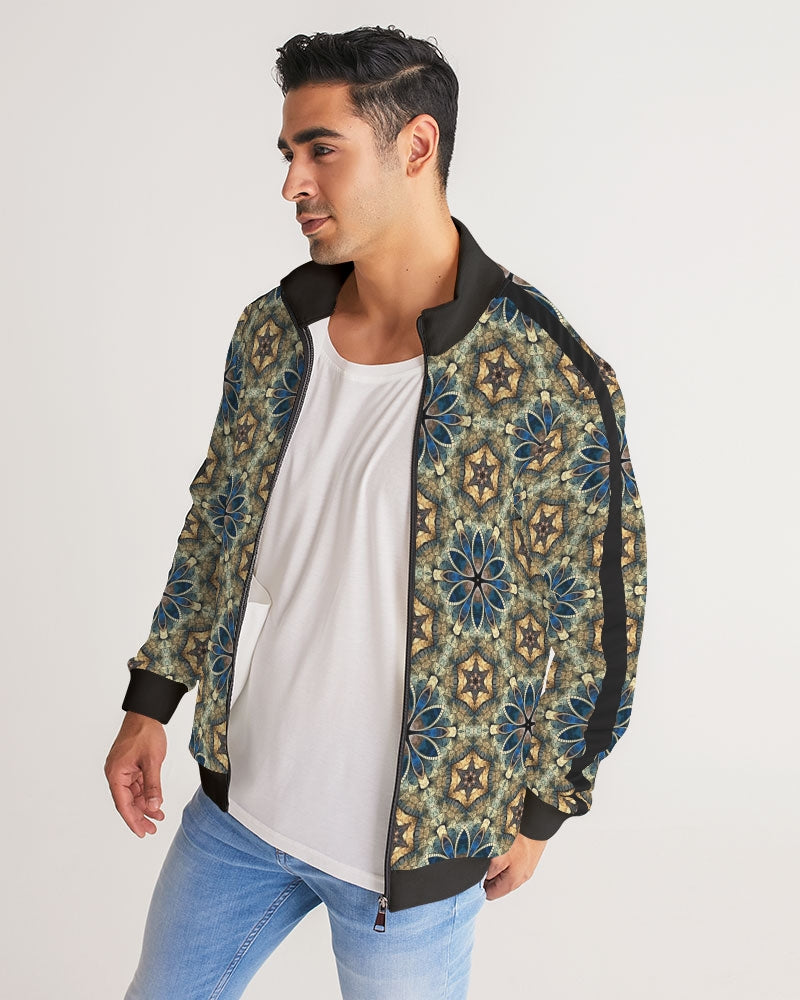 Green & Dark Blue almost star pattern. Men's All-Over Print Stripe Sleeve Track Jacket