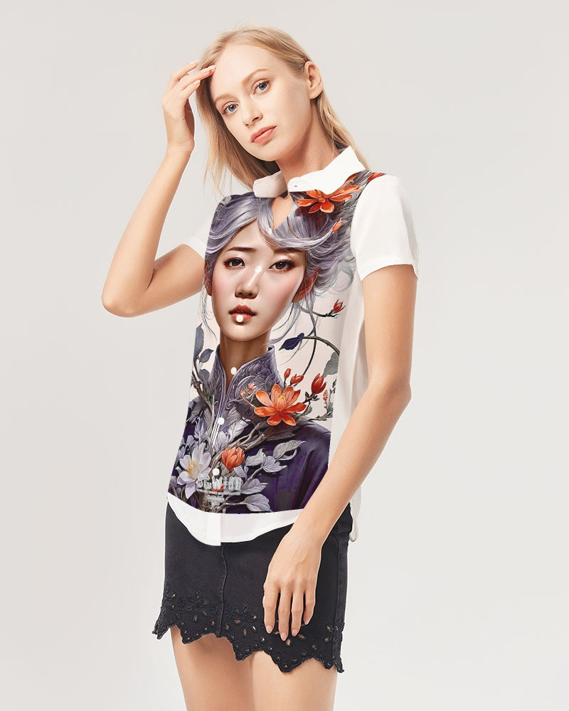 Beautiful Asian woman grey hair blossom Women's All-Over Print Short Sleeve Button Up