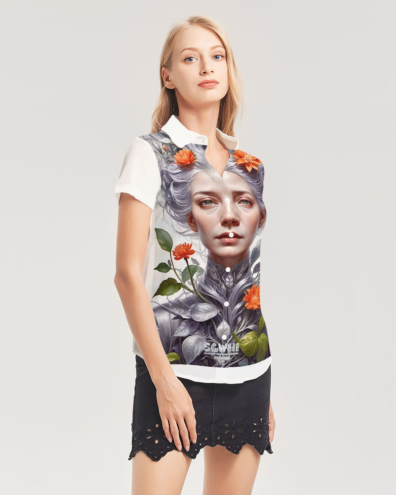 Beautiful white sister grey hair blossom Women's All-Over Print Short Sleeve Button Up