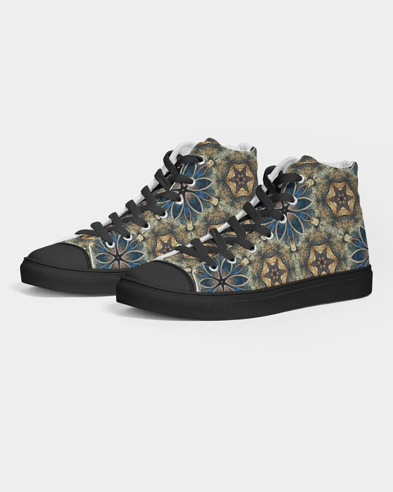 Green & Dark Blue almost star pattern. Men's Hightop Canvas Shoe - Black