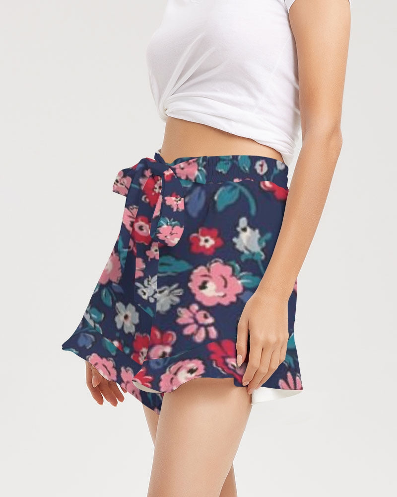 Midnight blue pretty glance.  Women's All-Over Print Ruffle Shorts