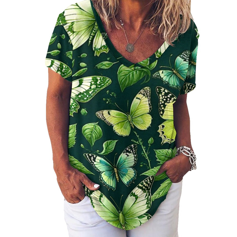 2024 New V Neck Short-sleeve Women Shirt Printed