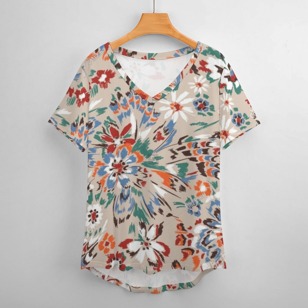 2024 New V Neck Short-sleeve Women Shirt Printed