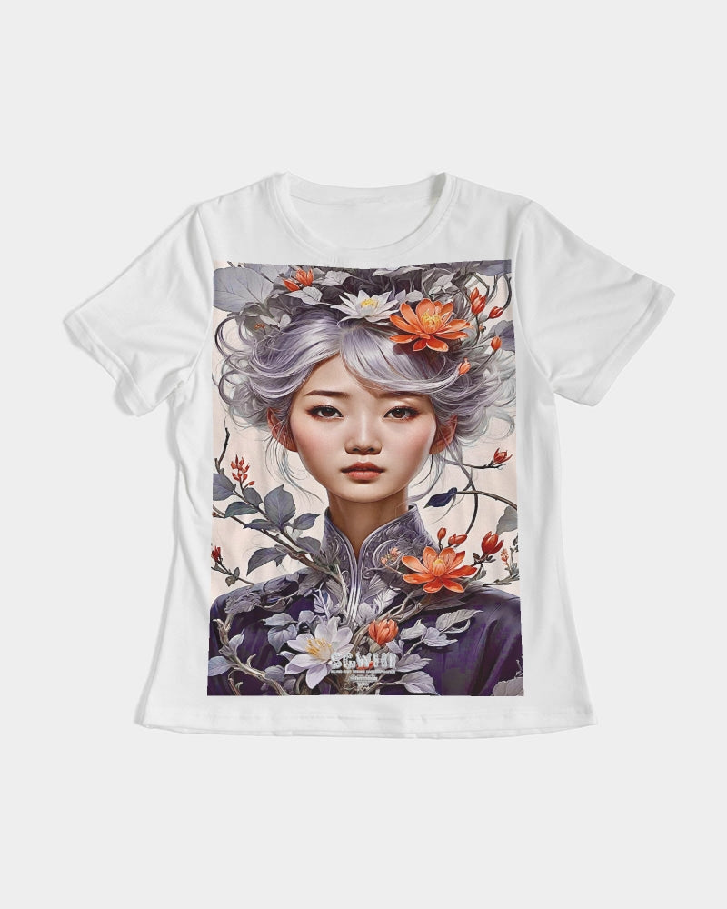 Beautiful Asian woman grey hair blossom Women's All-Over Print Tee