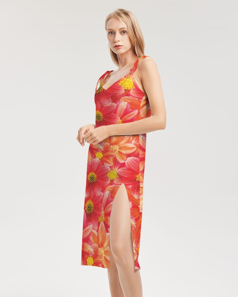 Beautiful blood orange flower design Women's All-Over Print Tie Strap Split Dress