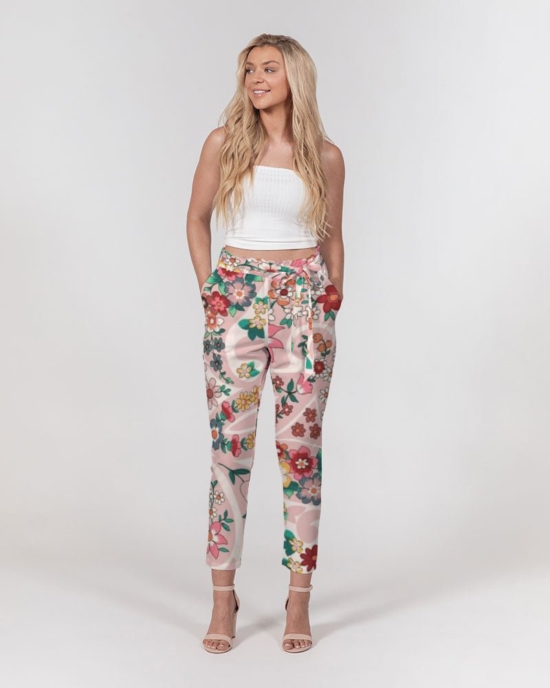 Pink abstract Pretty Sisters Women's All-Over Print Belted Tapered Pants