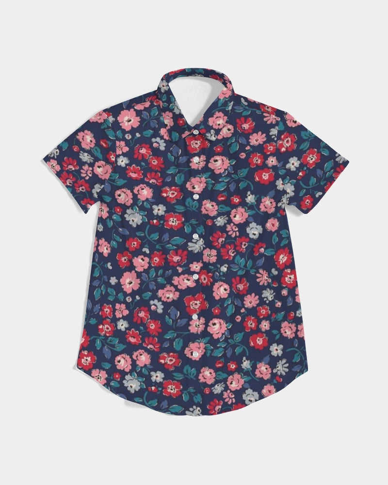 Midnight blue pretty glance.  Women's All-Over Print Short Sleeve Button Up