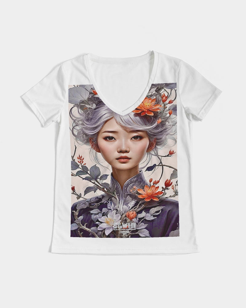 Beautiful Asian woman grey hair blossom Women's All-Over Print V-Neck Tee