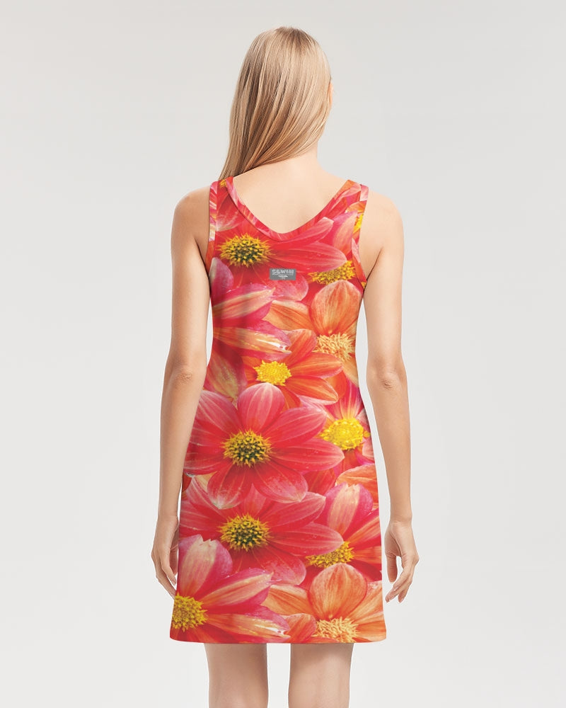 Beautiful blood orange flower design Women's All-Over PrintRib Knit V Neck Mini Dress