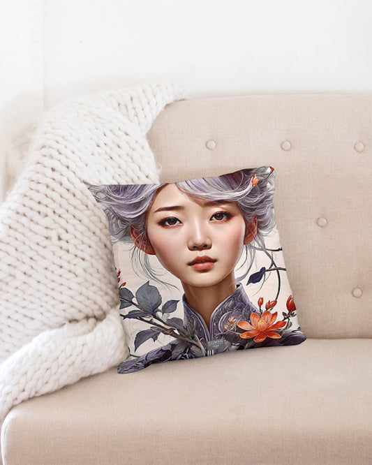 Beautiful Asian woman grey hair blossom Throw Pillow Case 16"x16"