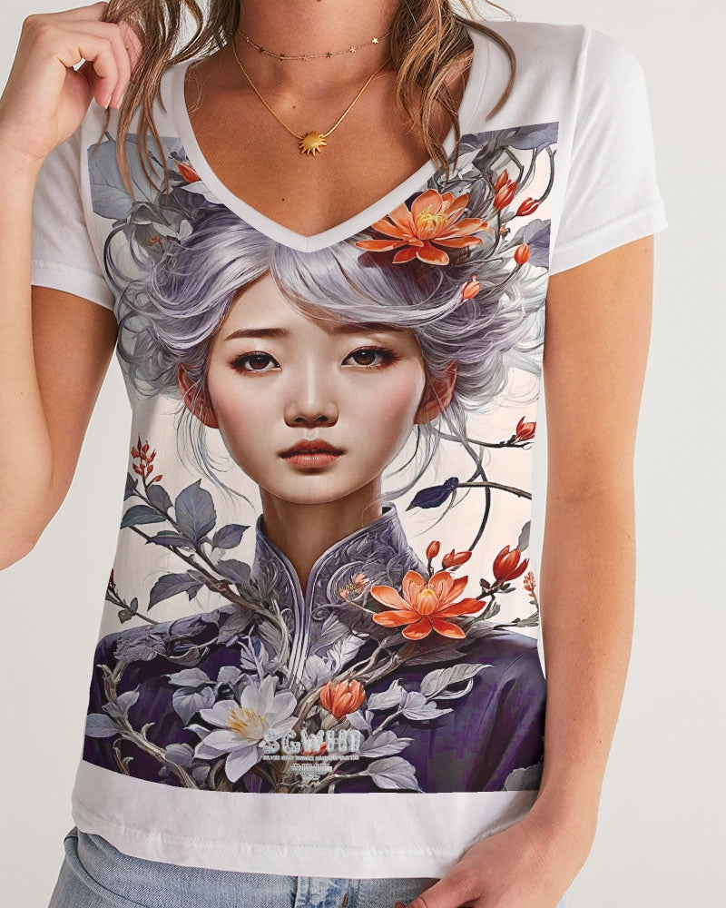 Beautiful Asian woman grey hair blossom Women's All-Over Print V-Neck Tee