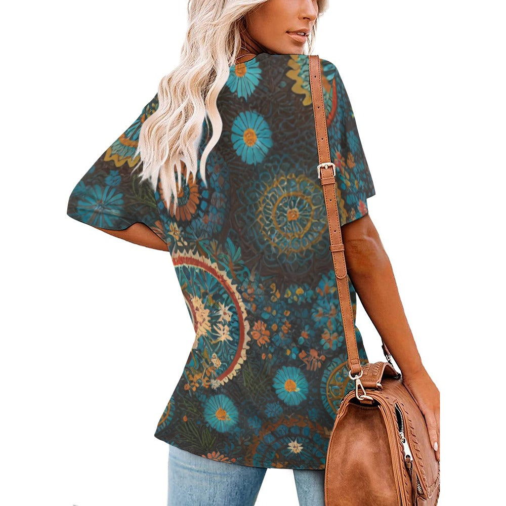 2024 New V Neck Short-sleeve Women Shirt Printed