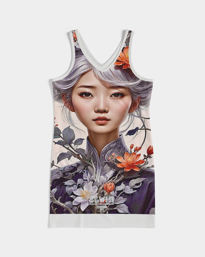 Beautiful Asian woman grey hair blossom Women's All-Over PrintRib Knit V Neck Mini Dress