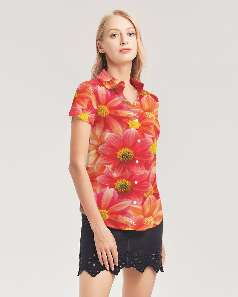 Beautiful blood orange flower design Women's All-Over Print Short Sleeve Button Up