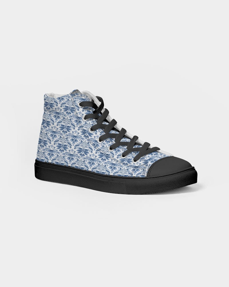 light blue Royal patten  Men's Hightop Canvas Shoe - Black