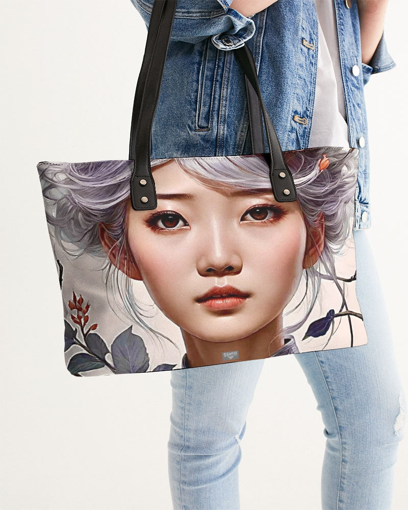 Beautiful Asian woman grey hair blossom Stylish Tote