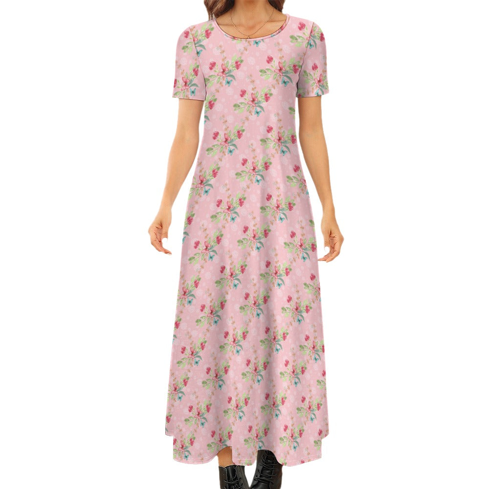 Pink butterfly Round Neck Short Sleeve Dress (No Pockets)