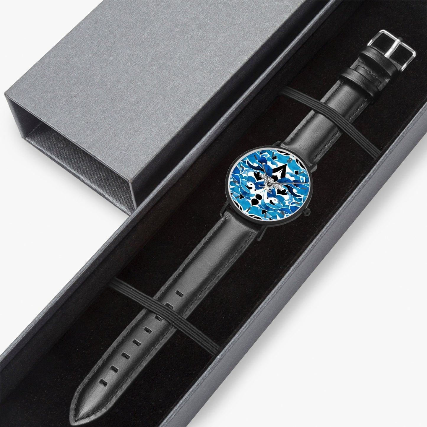 Blue abstract pattern Hot Selling Ultra-Thin Leather Strap Quartz Watch (Black With Indicators)