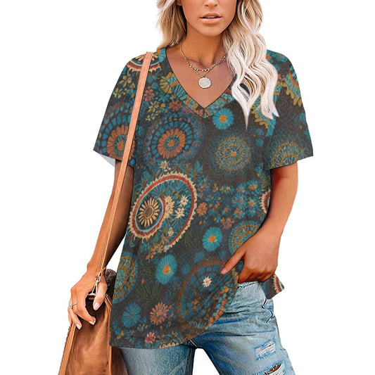 2024 New V Neck Short-sleeve Women Shirt Printed