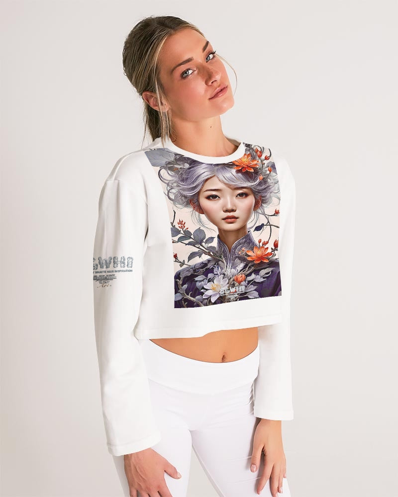 Beautiful Asian woman grey hair blossom Women's All-Over Print Cropped Sweatshirt